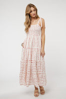 PRINTED SMOCKED RUFFLE MAXI DRESS