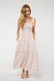 PRINTED SMOCKED RUFFLE MAXI DRESS