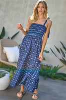 PRINTED SMOCKED RUFFLE MAXI DRESS